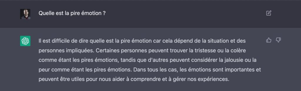 Dialogue sur l'émotion avec ChatGPT. // Source : Capture d'écran Numerama (7 décembre 2022)