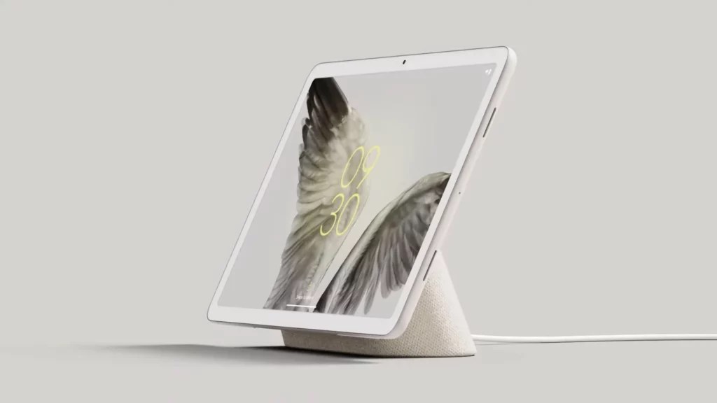 The Pixel Tablet has a kickstand that turns it into a built-in speaker.  // Source: Google