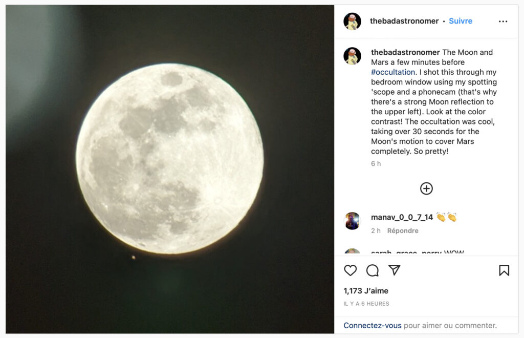 Quelques minutes avant l'occultation. // Source : Via Instagram @thebadastronomer