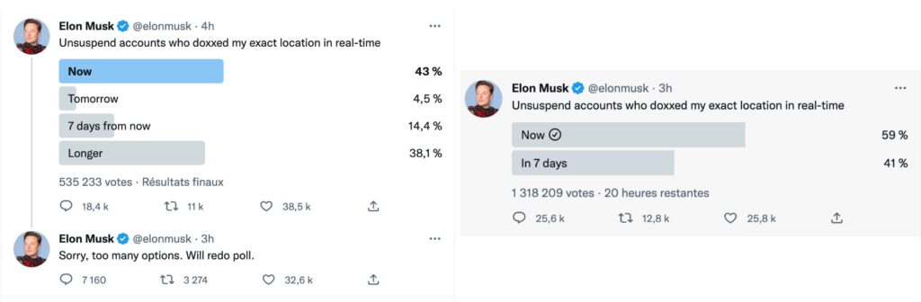 Les deux sondages publiés par Elon Musk, dont il ignore les résultats pour une fois. // Source : Capture Numerama