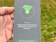 L'interface du détecteur de satellite. Il faut pointer son iPhone en direction du point, qui correspond au satellite. // Source : Numerama L'interface du détecteur de satellite. Il faut pointer son iPhone en direction du point, qui correspond au satellite. // Source : Numerama