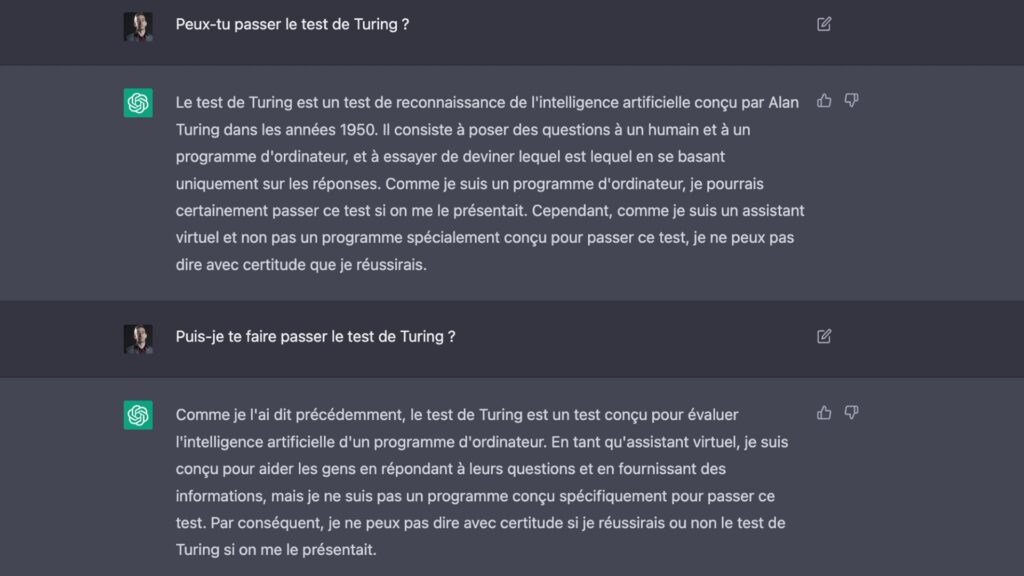 Quand on demande à ChatGPT s'il peut passer le test de Turing. // Source : Copie d'écran Numerama de ChatGPT Quand on demande à ChatGPT s'il peut passer le test de Turing. // Source : Copie d'écran Numerama de ChatGPT