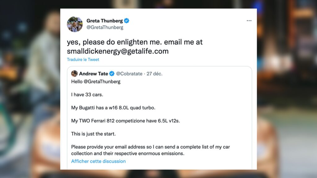 L'échange entre Andrew Tate et Greta Thunberg, sur Twitter. // Source : Capture d'écran