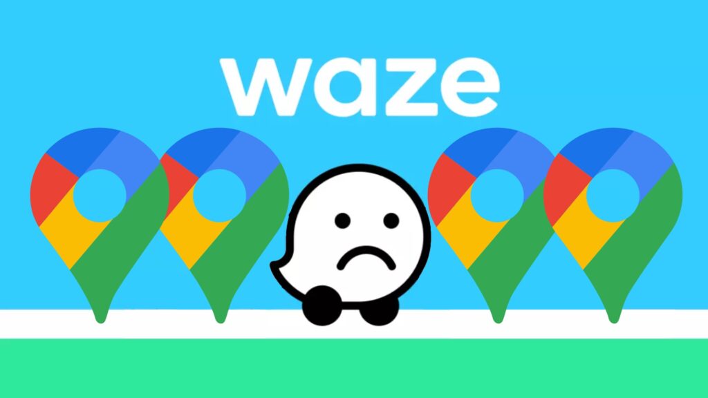 Le logo de Waze (triste), encerclé par celui de Google Maps.