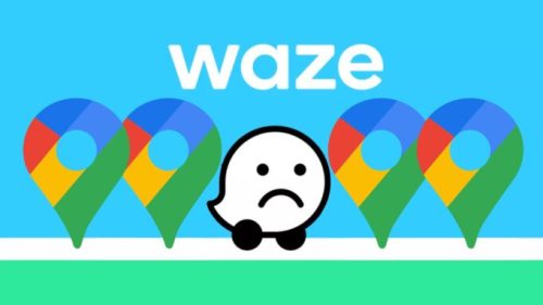 Le logo de Waze (triste), encerclé par celui de Google Maps. // Source : Numerama