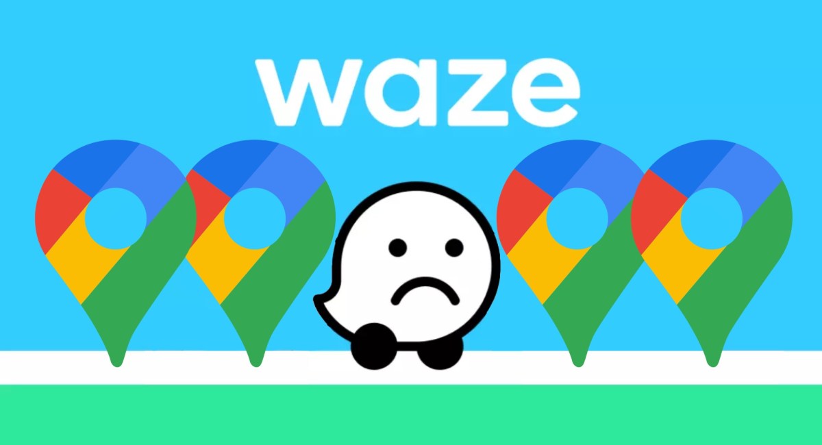 Le logo de Waze (triste), encerclé par celui de Google Maps.