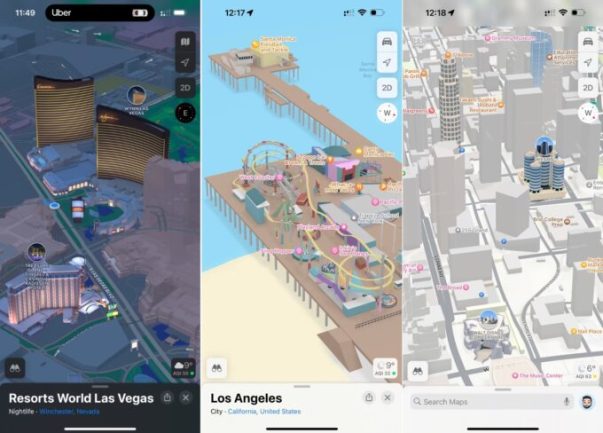 Les bâtiments 3D dans Apple Maps donne de la magie à la carte. Google se contente du même affichage 2D qu'en France. // Source : Numerama