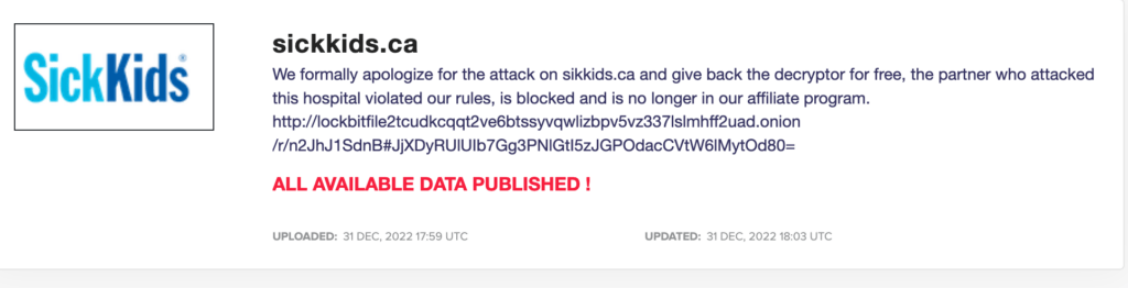 Les excuses de Lockbit sur leur site Darknet. // Source : Numerama