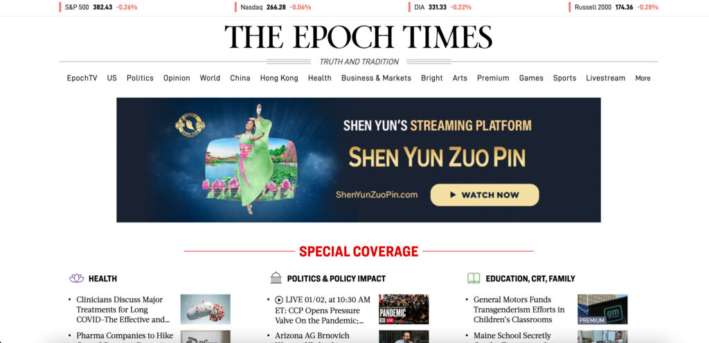 Une capture d'écran de la page d'accueil de The Epoch Times // Source : The Epoch Times