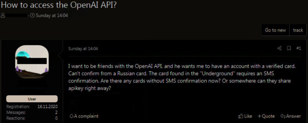 Un membre d'un forum de pirates demande à contourner les sanctioons sur OpenAI en Russie. // Source : Checkpoint