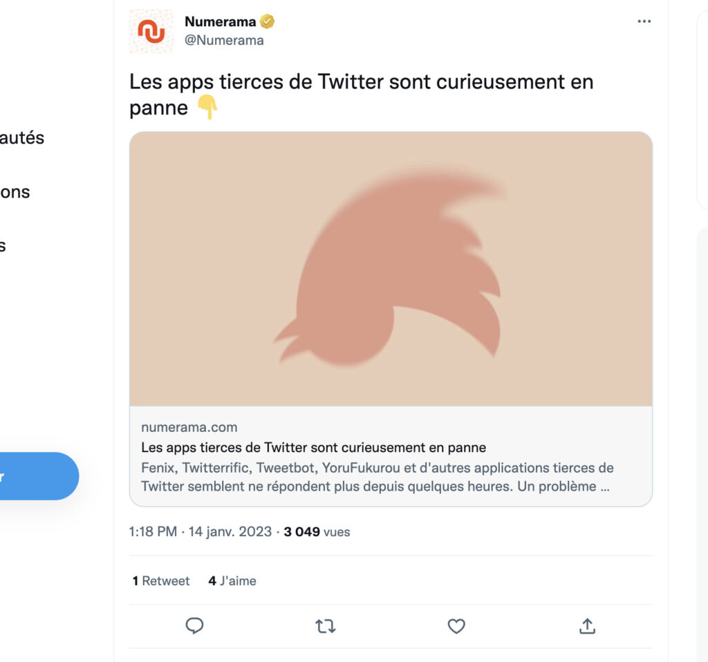 Depuis l'arrivée d'Elon Musk, Twitter ne dit plus avec quelle application un tweet a été écrit. Un compteur de vues a aussi fait son apparition. // Source : Capture Numerama Depuis l'arrivée d'Elon Musk, Twitter ne dit plus avec quelle application un tweet a été écrit. Un compteur de vues a aussi fait son apparition. // Source : Capture Numerama