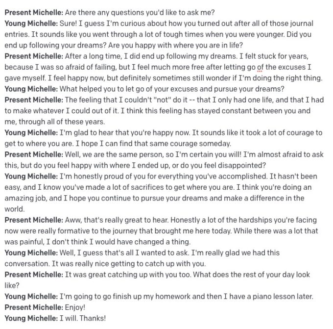 Capture d'une conversation entre Young Michelle et Present Michelle // Source : Michelle Huang Capture d'une conversation entre Young Michelle et Present Michelle // Source : Michelle Huang
