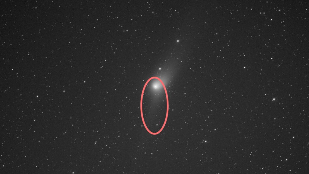 L'anti-queue de la comète ZTF. // Source : Flickr/CC/Victor R. Ruiz (photo recadrée et annotée)