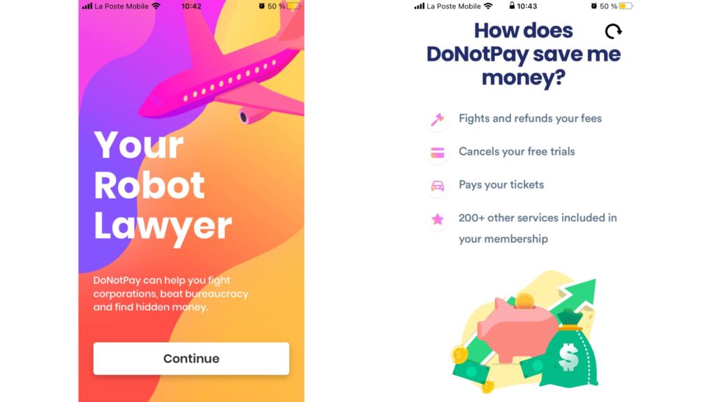 L'app DoNotPay. // Source : Captures d'écran iOS
