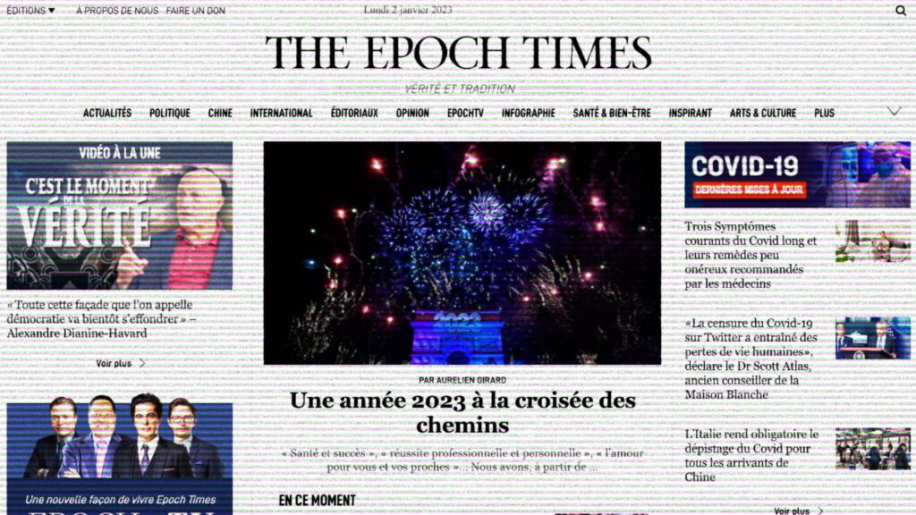 La page d'accueil de la version française de The Epoch Times // Source : The Epoch Times / Montage Numerama