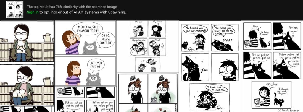 Les BD de Sarah Andersen ont été utilisées par des IA pour s'entraîner // Source : HaveiBeenTrained Les BD de Sarah Andersen ont été utilisées par des IA pour s'entraîner // Source : HaveiBeenTrained
