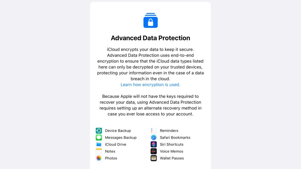 Bientôt disponible en France, le chiffrement d'iCloud va rendre invulnérable de nombreuses données. // Source : Capture Numerama