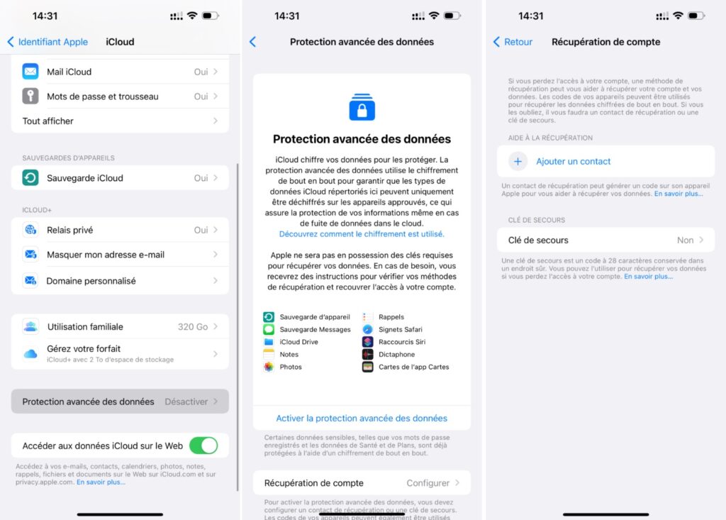 La protection avancée des données est accessible dans les réglages, à condition d'avoir iOS 16.3. // Source : Captures Numerama