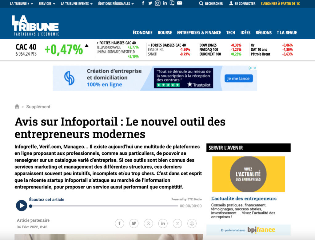 L'article sur Infoportail paru sur le site de La Tribune // Source : Capture d'écran Numerama