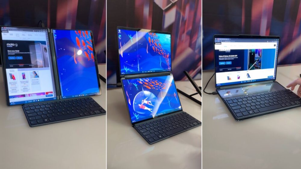 Les différentes formes que peut prendre le YogaBook 9i. // Source : Numerama