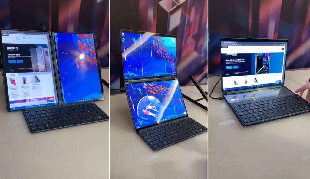 Les différentes formes que peut prendre le YogaBook 9i. // Source : Numerama