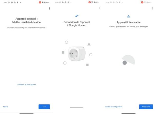 Google Home reconnaît automatiquement la prise comme un produit Matter, mais refuse de l'ajouter.a // Source : Numerama