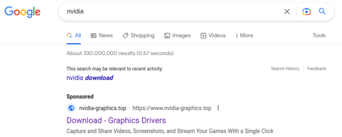 Un lien sponsorisé se faisant passer pour Nvidia, un groupe spécialisé dans les processeurs et les cartes graphiques. // Source : MalwareHunterTeam Un lien sponsorisé se faisant passer pour Nvidia, un groupe spécialisé dans les processeurs et les cartes graphiques. // Source : MalwareHunterTeam