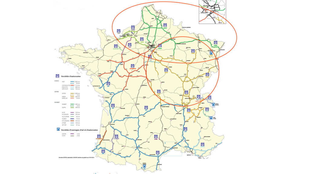 Carte des concessions d'autoroute où la remise voiture électrique est active // Source : Autorité des régulations de transport (modifié numerama)