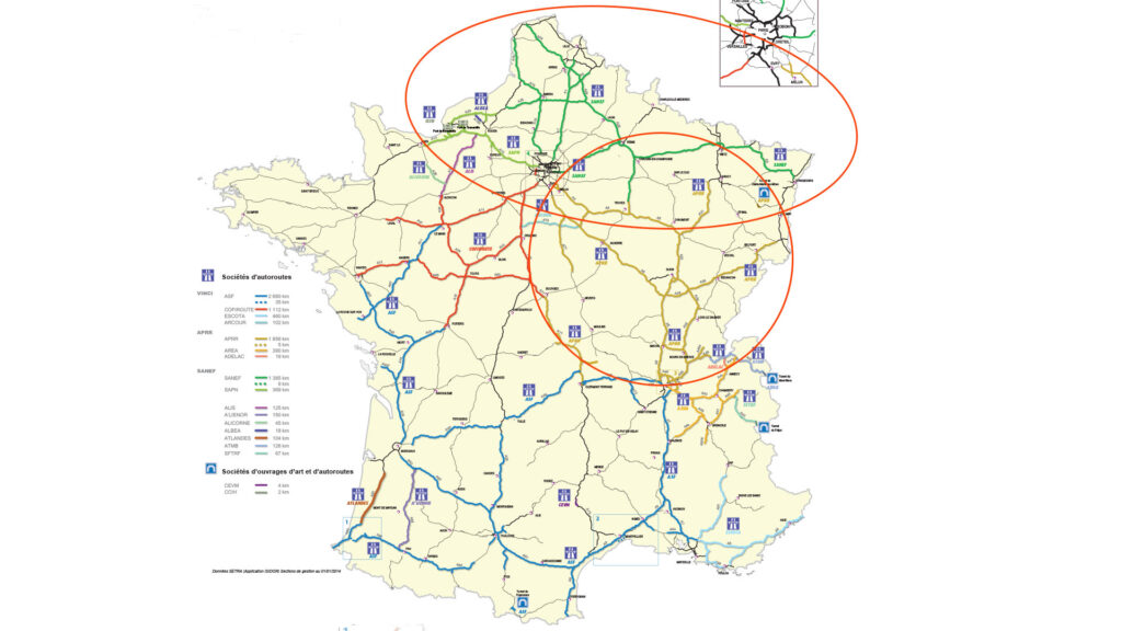 Carte des concessions d'autoroute où la remise voiture électrique est active  // Source : Autorité des régulations de transport (modifié numerama)