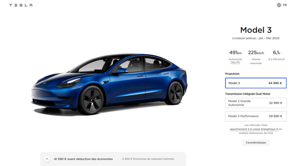 Configurateur Tesla Model 3 en janvier 2023 // Source : Tesla