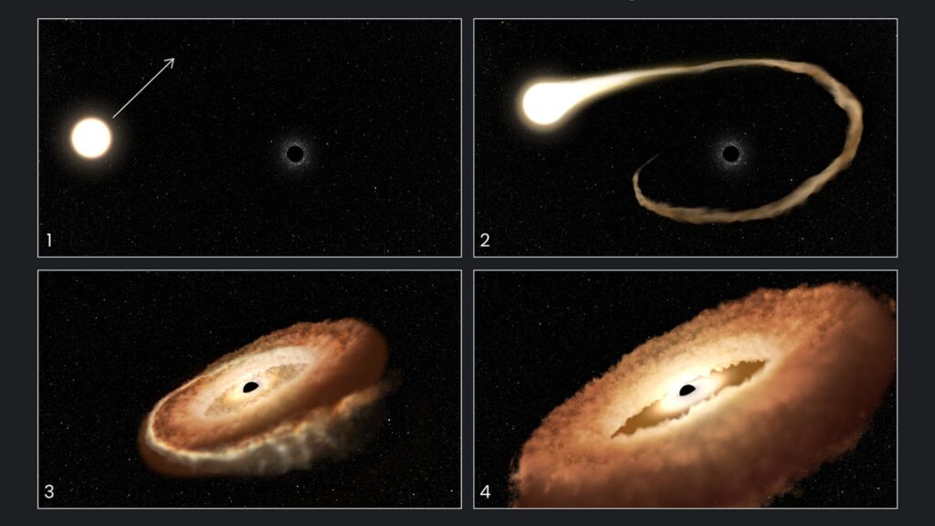 Derniers instants de la vie d'une étoile attrapée par un trou noir. // Source : NASA, ESA, Leah Hustak (STScI)