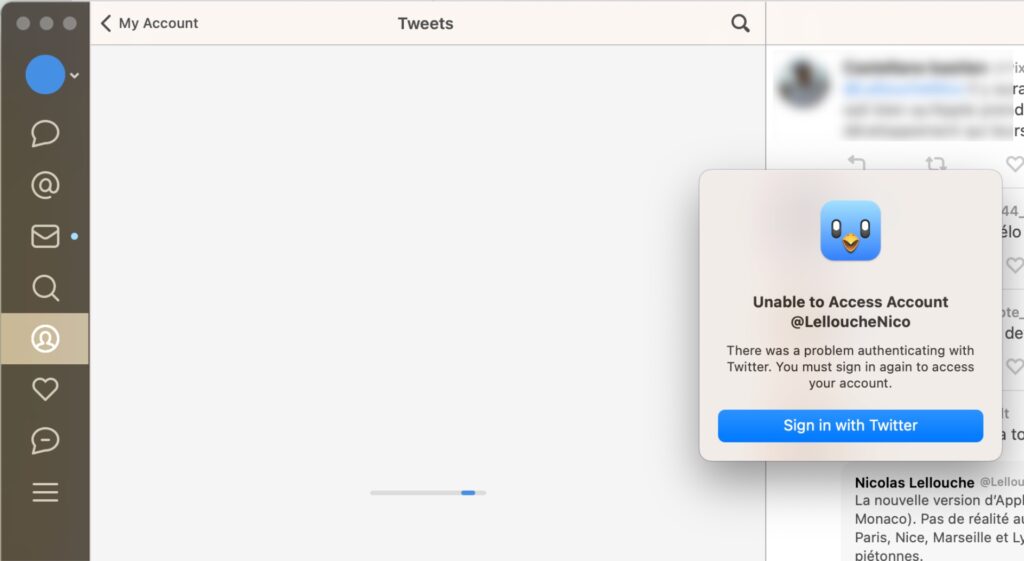 Quand on essaye d'ouvrir Tweetbot, un message d'erreur dit qu'il est impossible d'accéder à votre compte. Se reconnecter ne change rien. // Source : Capture Numerama
