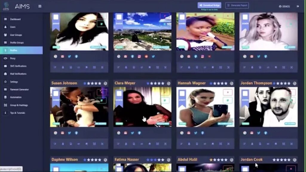 Capture d'écran des faux profils créés par le logiciel Aims de la société israélienne Team Jorge, partagés par les journalistes // Source : francetvinfo