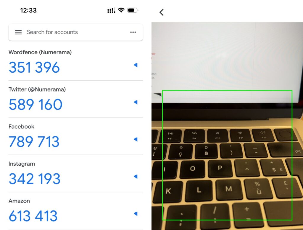 L'interface de Google Authenticator. // Source : Numerama