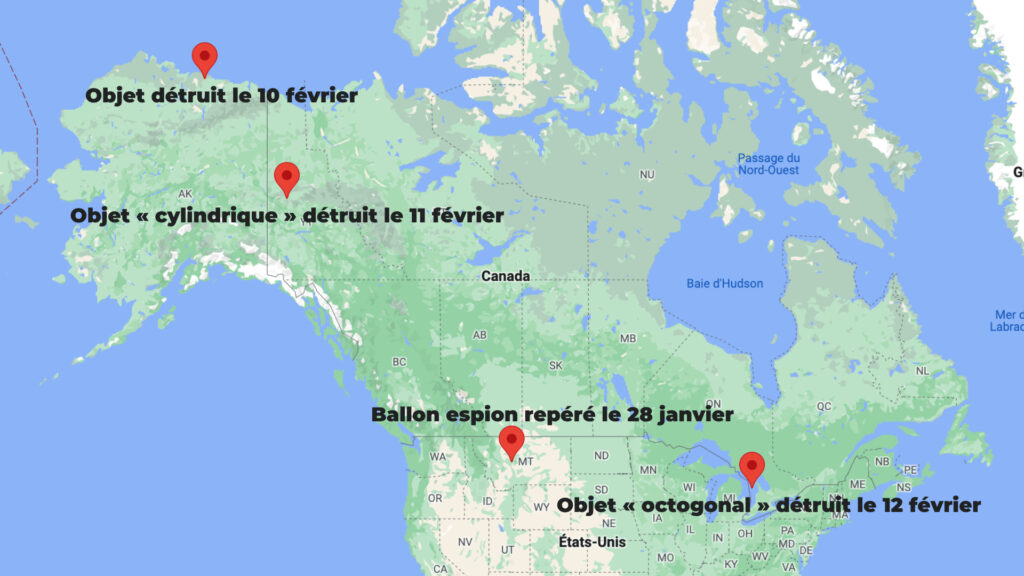 L'emplacement et la destruction des objets et ballons sur le territoire nord-américain. // Source : Numerama