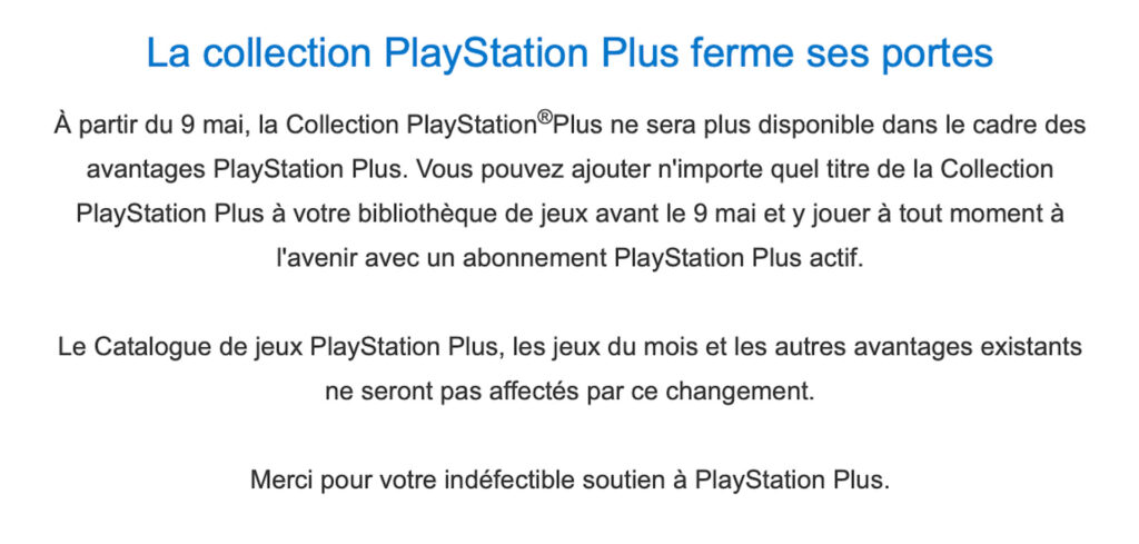 Disparition future de la Collection PlayStation Plus // Source : Capture d’écran (mails)