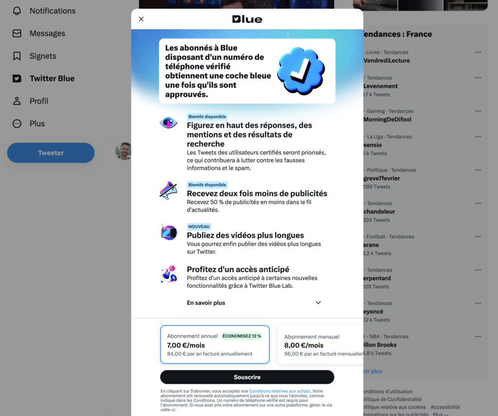 L'abonnement à Twitter Blue depuis le web. // Source : Numerama
