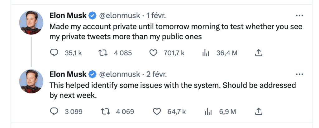 Début février, Elon Musk a passé son compte en privé. Il voulait prouver aux ingénieurs de Twitter que quelque chose lui faisait perdre de l'audience. Évidemment, cela a attiré des gens vers son Twitter, donc truqué les sites. // Source : Capture Numerama