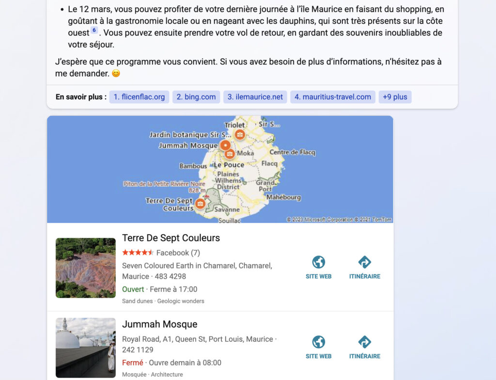 Autre avantage de Bing par rapport à ChatGPT : il peut intégrer des images, la météo ou de la carte à ses réponses. // Source : Numerama