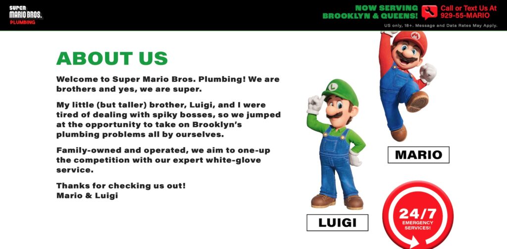Site de l’entreprise de plomberie de Mario et Luigi // Source : Capture d'écran