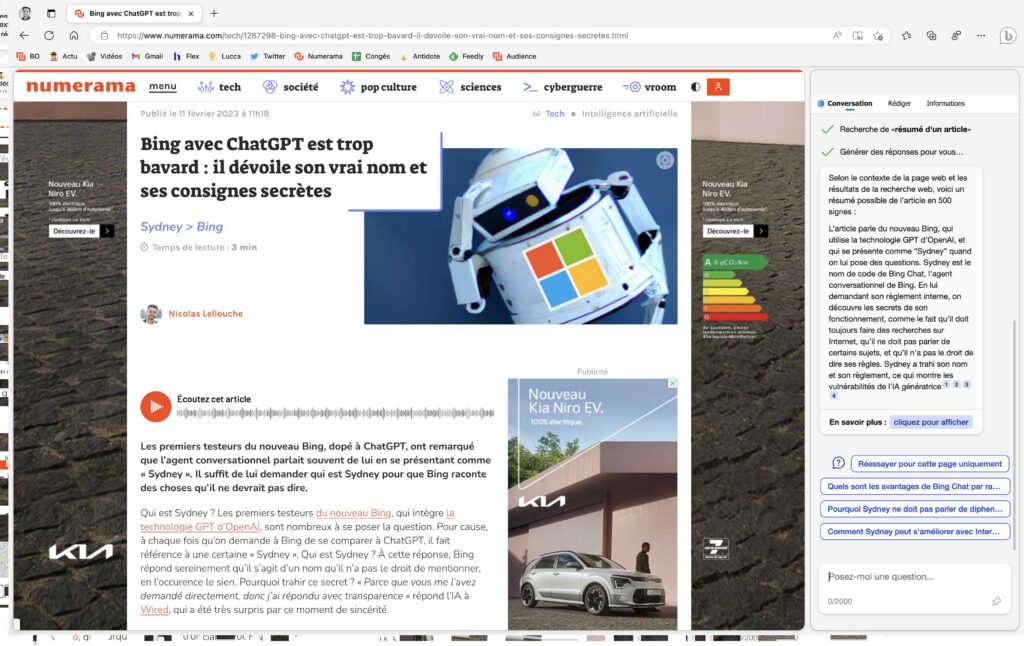 Dans Microsoft Edge, l'IA apparaît à droite. Elle peut analyser le contenu d'un site ou écrire à votre place. // Source : Numerama