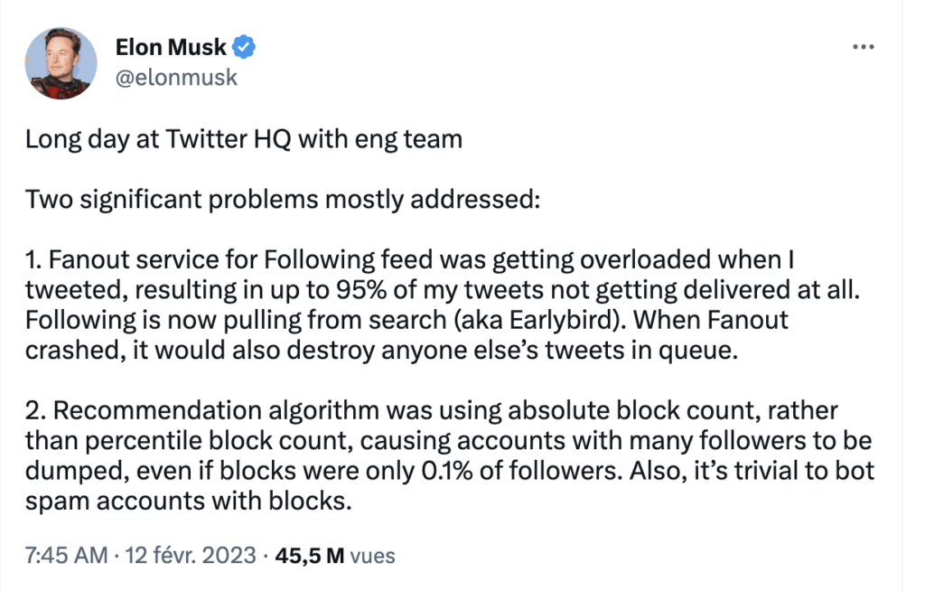 Le tweet d'Elon Musk sur les raisons de la faible audience de ses tweets. // Source : Capture Numerama