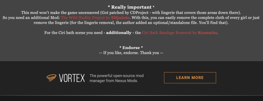 La description du mod « Vagina’s for Everyone » de The Witcher 3 sur Nexus Mods // Source : Capture d'écran
