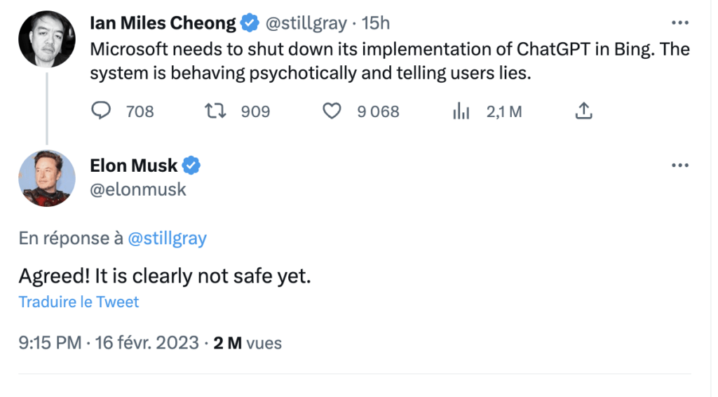 En réponse à un tweet de Ian Miles Cheong, une personnalité très à droite avec qui il discute souvent, Elon Musk se dit en faveur de l'arrêt de Bing ChatGPT. // Source : Twitter