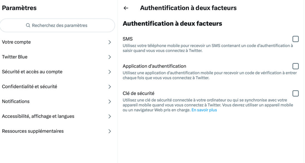 L’authentification à deux facteur sur Twitter // Source : Capture d'écran