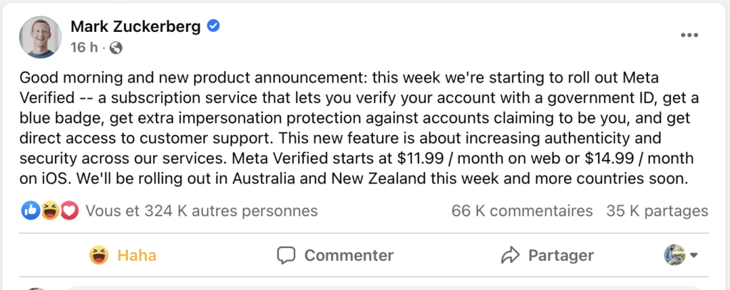 L'annonce de Meta Verified par Mark Zuckerberg. // Source : Facebook