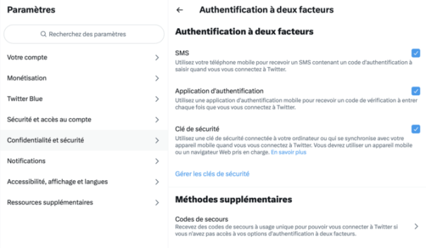 Les différentes méthodes d'authentification double sur Twitter. // Source : Numerama