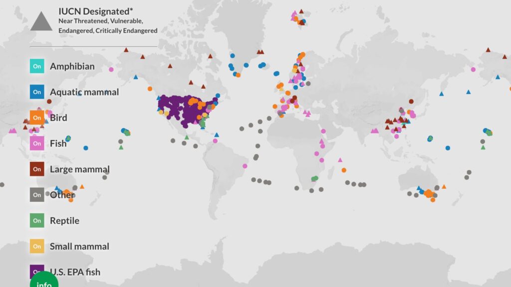 Cartes des espèces exposées aux polluants éternels. // Source : EWG