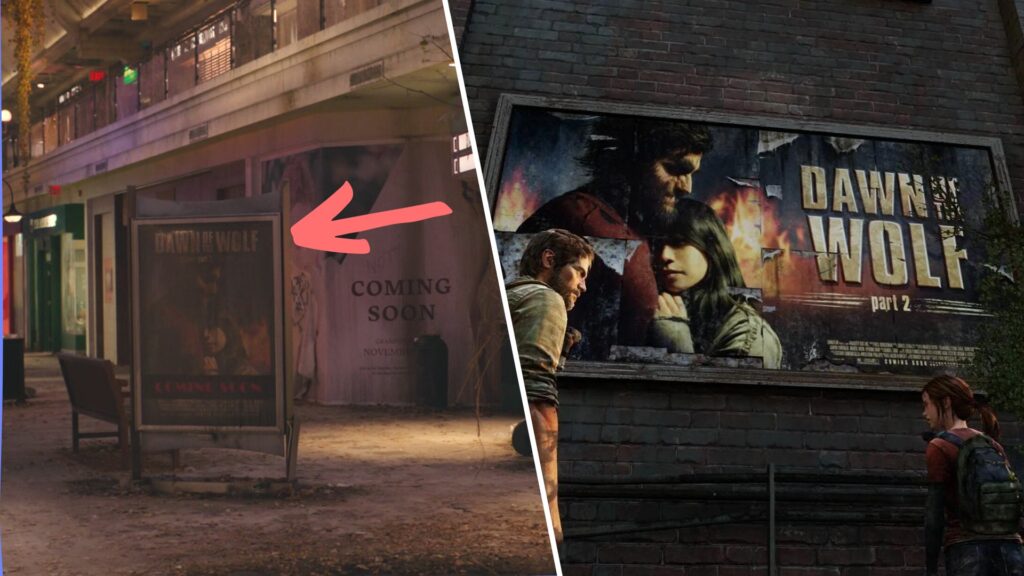 À gauche, l'affiche qui apparaît dans l'adaptation, référence au jeu (à droite). // Source : HBO/Naughty Dog