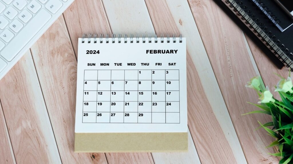 Calendar for February 2024, leap year. // Source: Canva